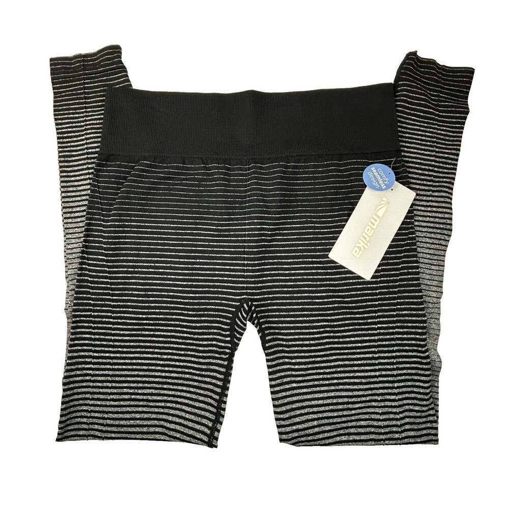Marika Seamless Heather Charcoal Black Stripe Leggings Size L NWT